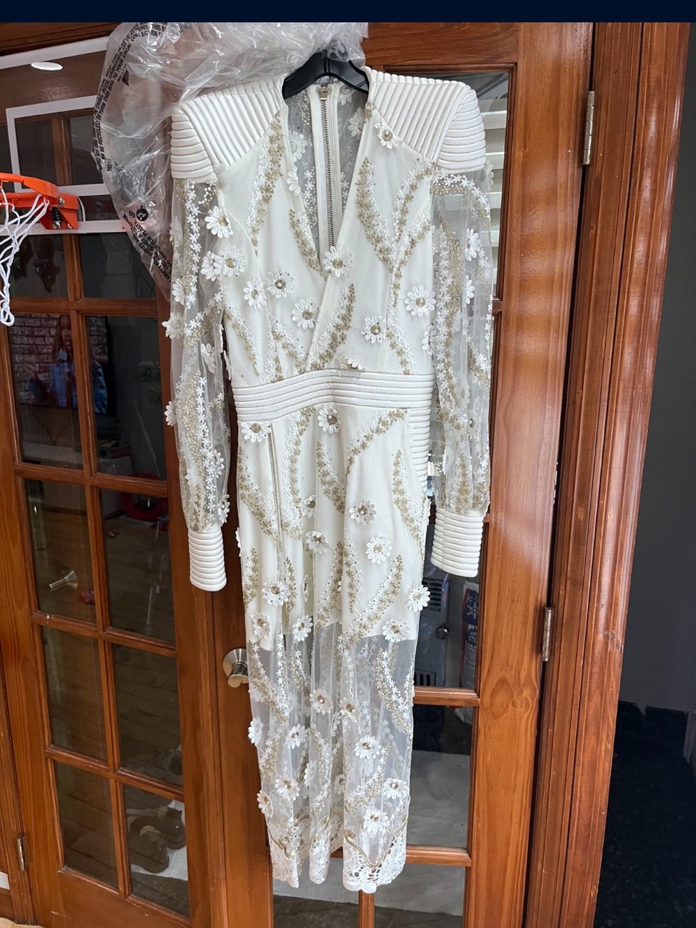 Zhivago NEW White Long Sleeve Embellished Midi Dress with Gold Beading